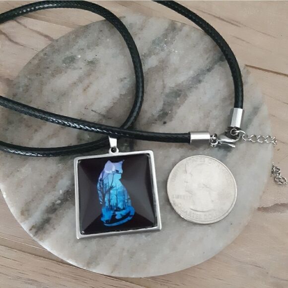 Cat Silhouette Hand Crafted Stainless Steel Charm Leather Adjustable Necklace - Picture 4 of 10